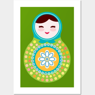Russian dolls matryoshka green and blue colors. Posters and Art